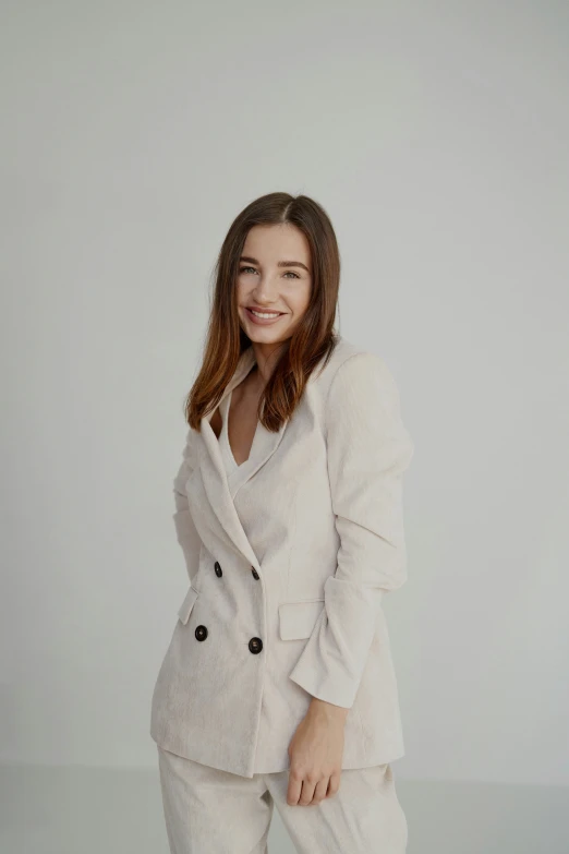 a woman in a suit posing for a picture, wearing a linen shirt, pokimane, clean background trending, profile image