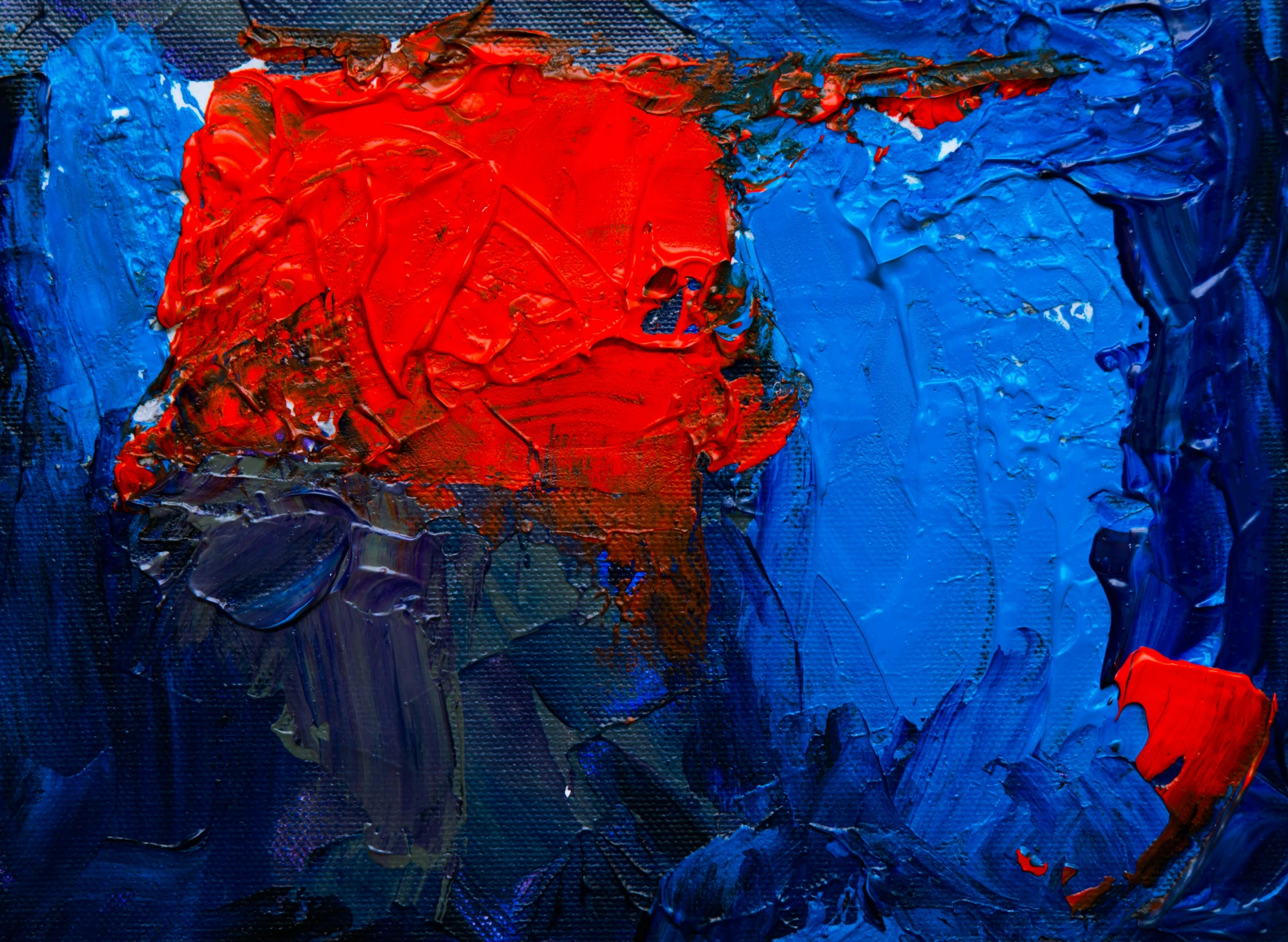 a painting of a red flower on a blue background, an abstract painting, by David Donaldson, pexels contest winner, abstract expressionism, oil paint impasto reliefs, late evening, (abstract), red and blue color scheme