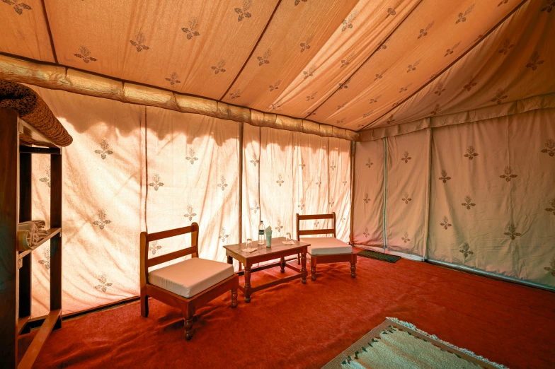 the inside of a tent with a red carpet, by Julia Pishtar, unsplash, renaissance, uttarakhand, square, a sunny bedroom, listing image