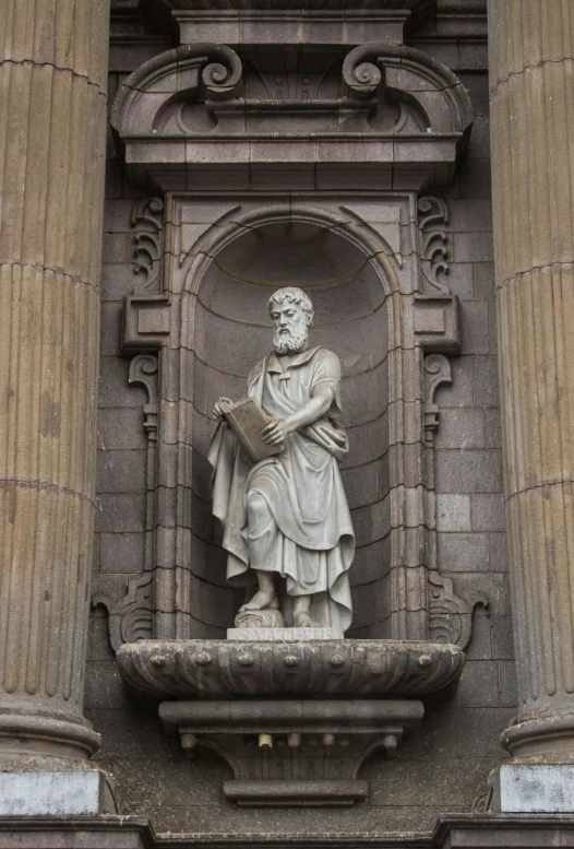 a statue that is on the side of a building, inspired by Nicomachus of Thebes, neoclassicism, salustiano garcia cruz, bearded, high arches, grey