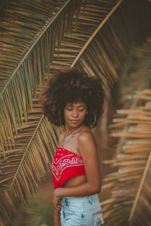 a woman standing in front of a palm tree, by Lily Delissa Joseph, pexels contest winner, afrofuturism, brown curly hair, red bikini, concert, curly and short top hair