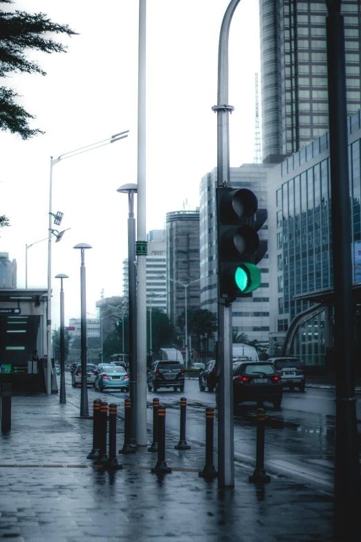 a green traffic light sitting on the side of a road, inspired by Elsa Bleda, unsplash, realism, dusty abandoned shinjuku, low quality photo, overcast mood, futuristic sao paulo