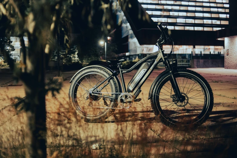 a bicycle parked in front of a tall building, dark-toned product photos, mooniq priem, lush surroundings, steel gray body