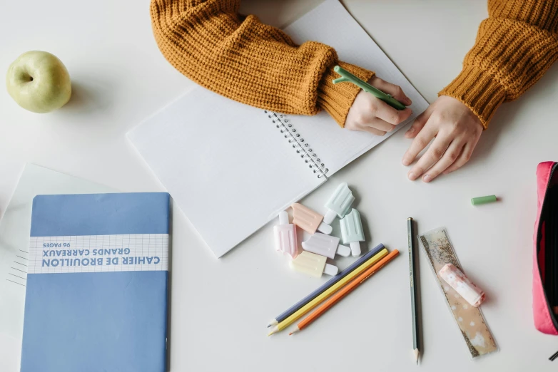 a person sitting at a table with a notebook and pencils, by Nicolette Macnamara, pexels contest winner, academic art, on a gray background, educational supplies, background image, casually dressed