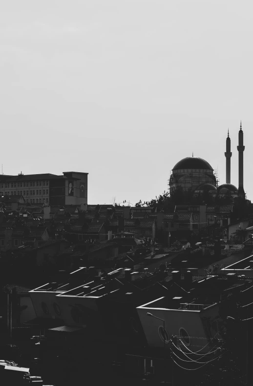 a black and white photo of boats in a harbor, a black and white photo, by Ismail Acar, hurufiyya, chimneys on buildings, dome, silhoutte, 2 5 6 x 2 5 6