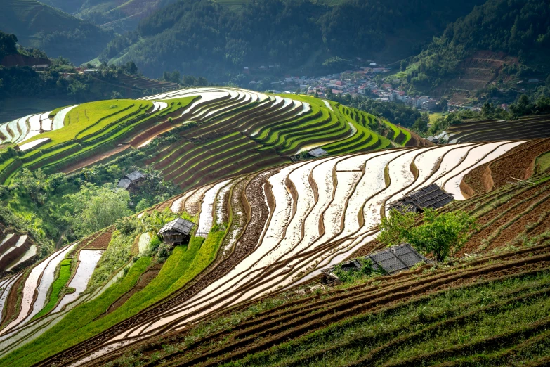 a hill is covered in many types of fields