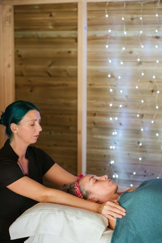 a woman getting a massage at a spa, a portrait, by Julian Allen, light inside the hut, glittery, profile image