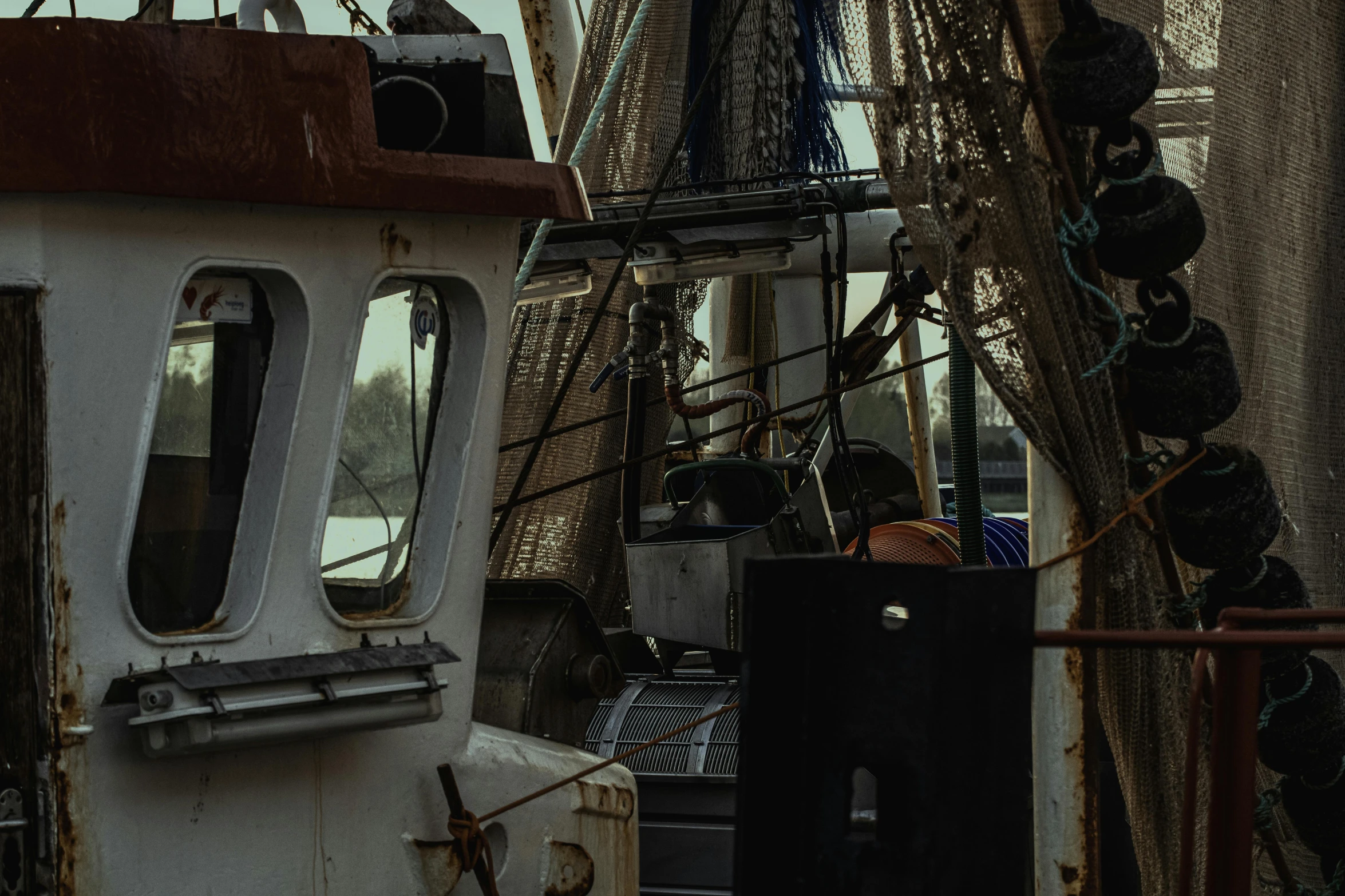 a number of docked fishing nets near one another