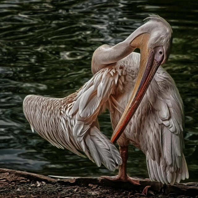 a pelican standing on the edge of a body of water, a colorized photo, by Antoni Brodowski, pixabay contest winner, photorealism, intricate wrinkles, hugging his knees, albino, posing for a fight intricate