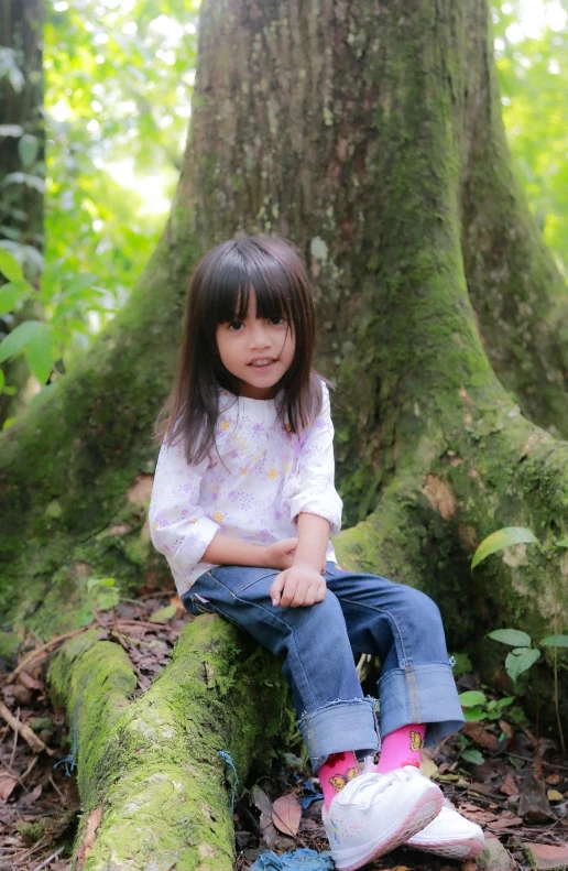 a  sitting on a log in the woods