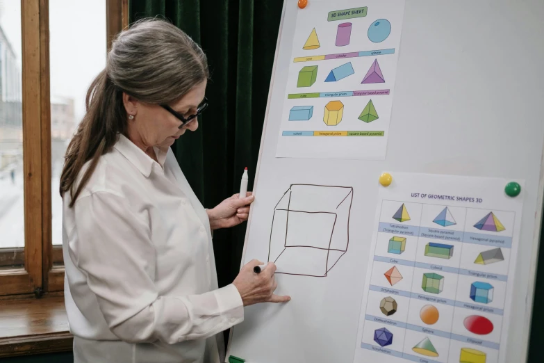 woman writing on a whiteboard showing shapes