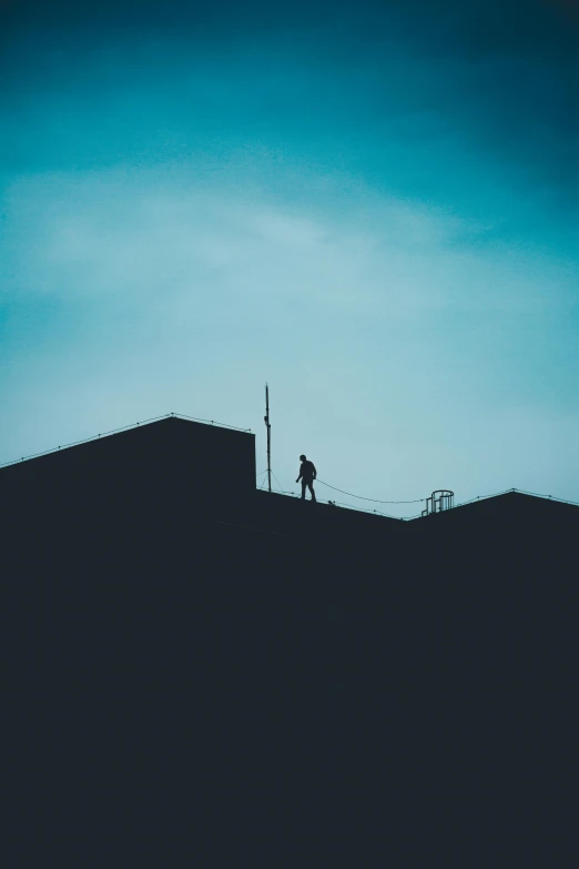 a person standing on top of a building, by Sebastian Spreng, pexels contest winner, postminimalism, attached to wires. dark, teal color graded, black roof, early morning