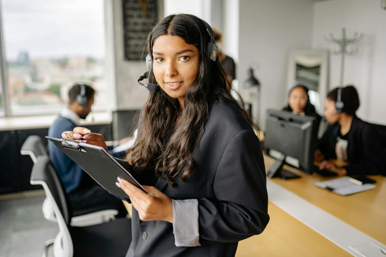 a woman in a call center holding a clipboard, pexels contest winner, hurufiyya, fan favorite, teenage girl, promotional picture, instagram post