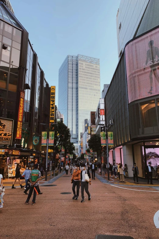 a group of people walking down a street next to tall buildings, a picture, sōsaku hanga, lots of shops, 🚿🗝📝, reddit post, square