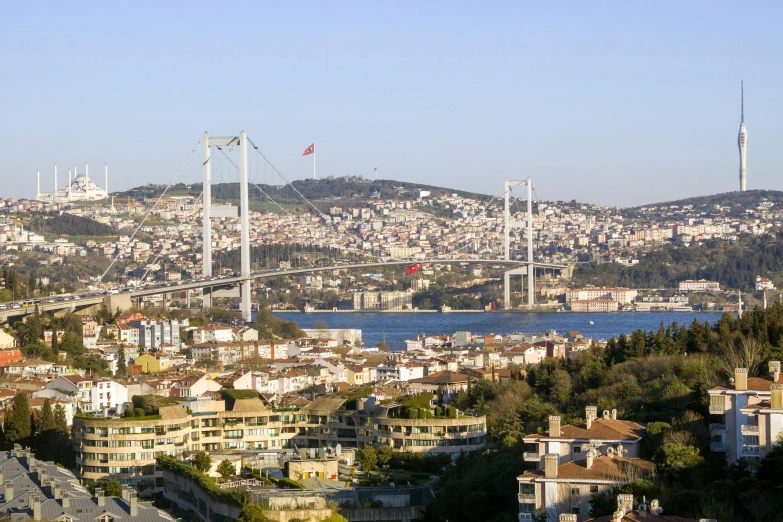 there is a bridge that has a view of a city