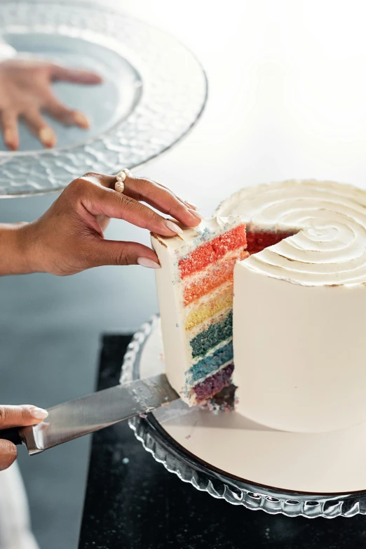 a close up of a person cutting a cake, inspired by Maki Haku, color field, iridescent titanium, epicurious, clear colors, 6 colors
