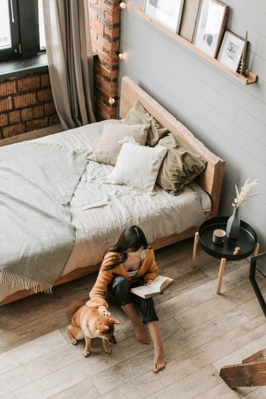 a child on a bed next to a small dog