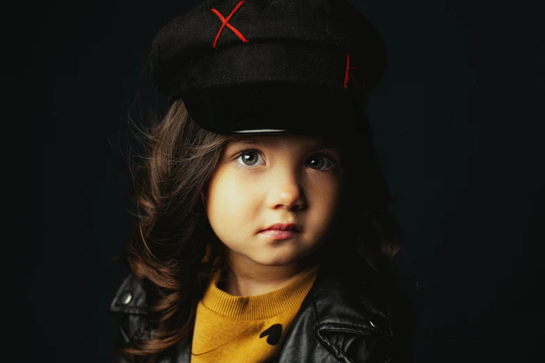 a child with long brown hair in a leather jacket and hat