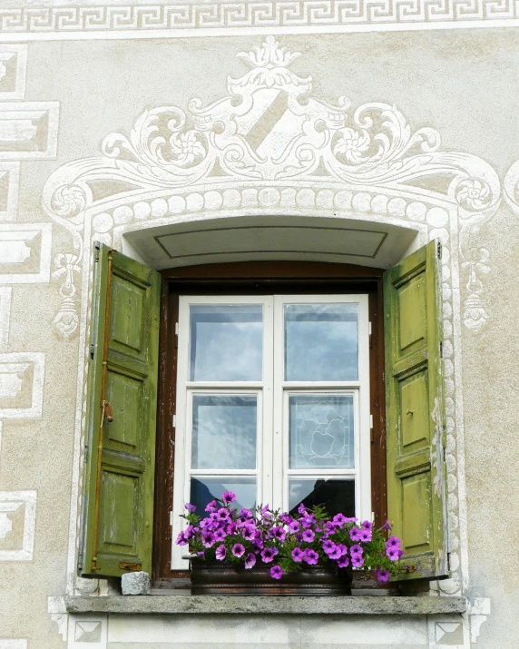 two flower boxes with flowers in them on the outside window