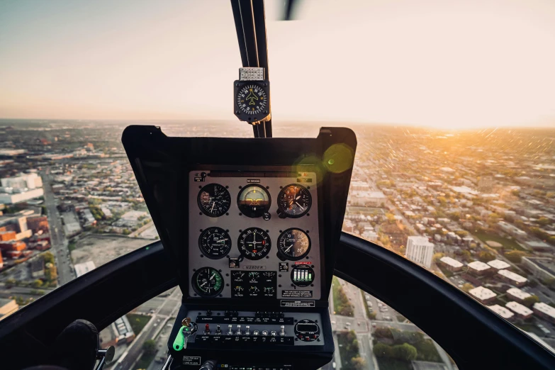 a control panel sits high above the cityscape