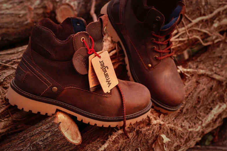 brown leather boots with tags on them sitting on a log