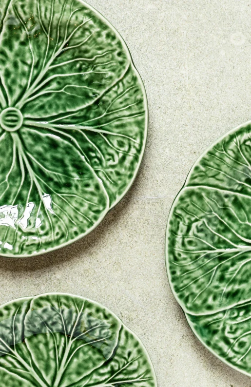 three plates sitting on top of a cement surface