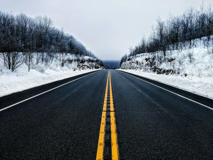 a street lined with snow and bare trees