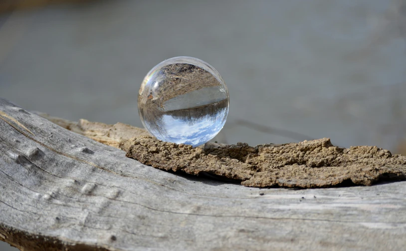 a soap bubble sits on top of a piece of wood