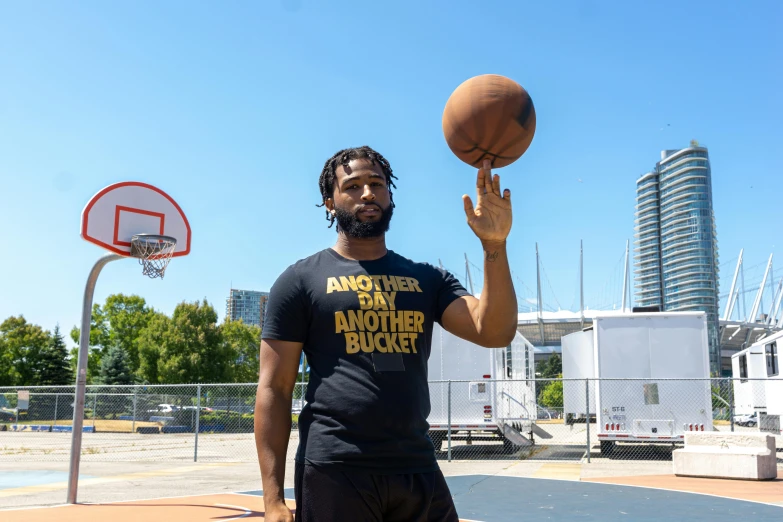 a man standing on top of a basketball court holding a basketball