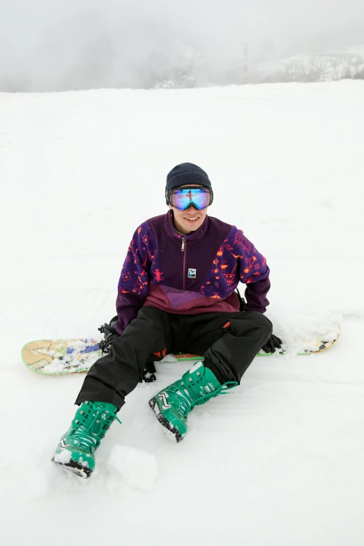 a person on skis sits on the ground and looks at his phone