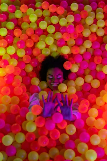 woman is surrounded by colored balls in front of her face