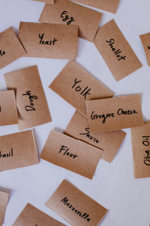 small brown tags with names for each letter and number