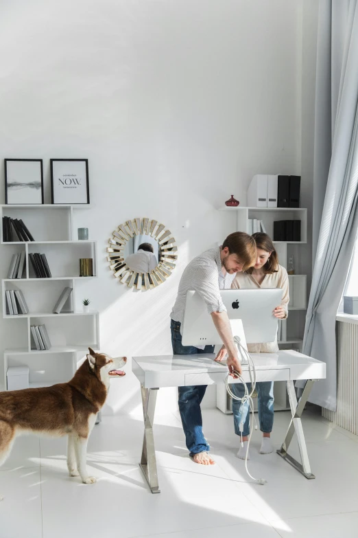 the man is standing at the desk, next to his dog, in front of him