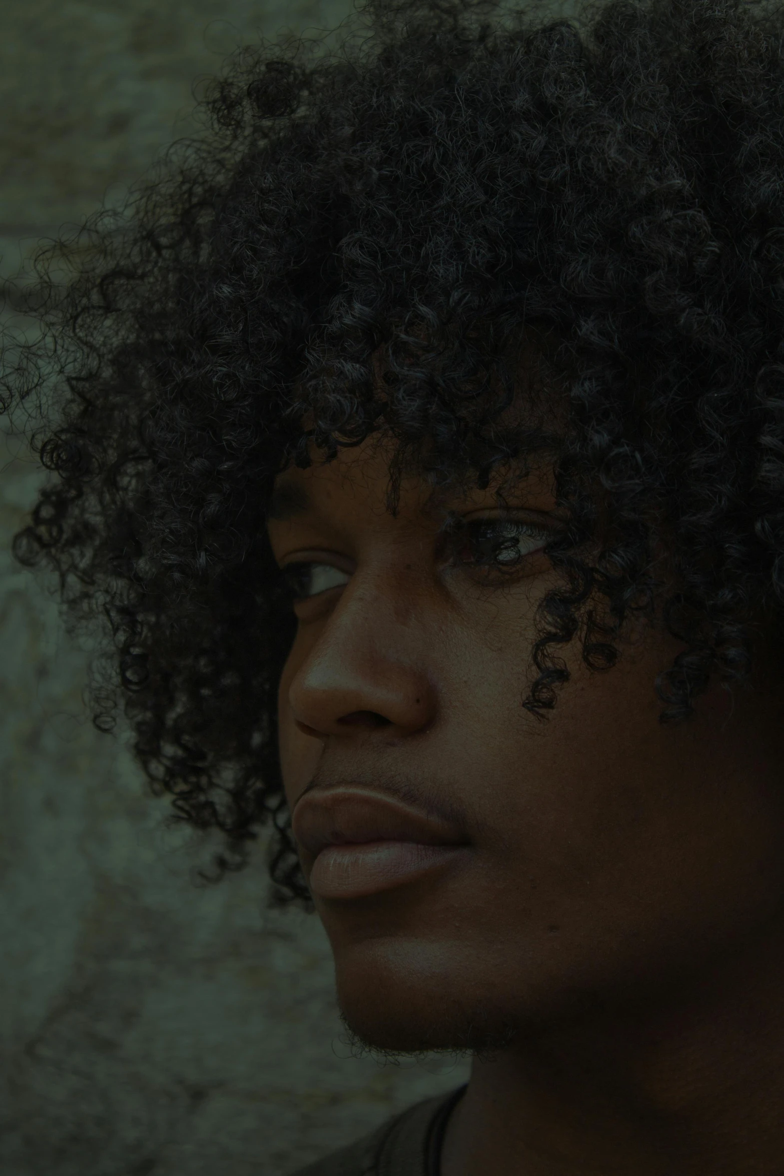 a man with an afro looks into the distance