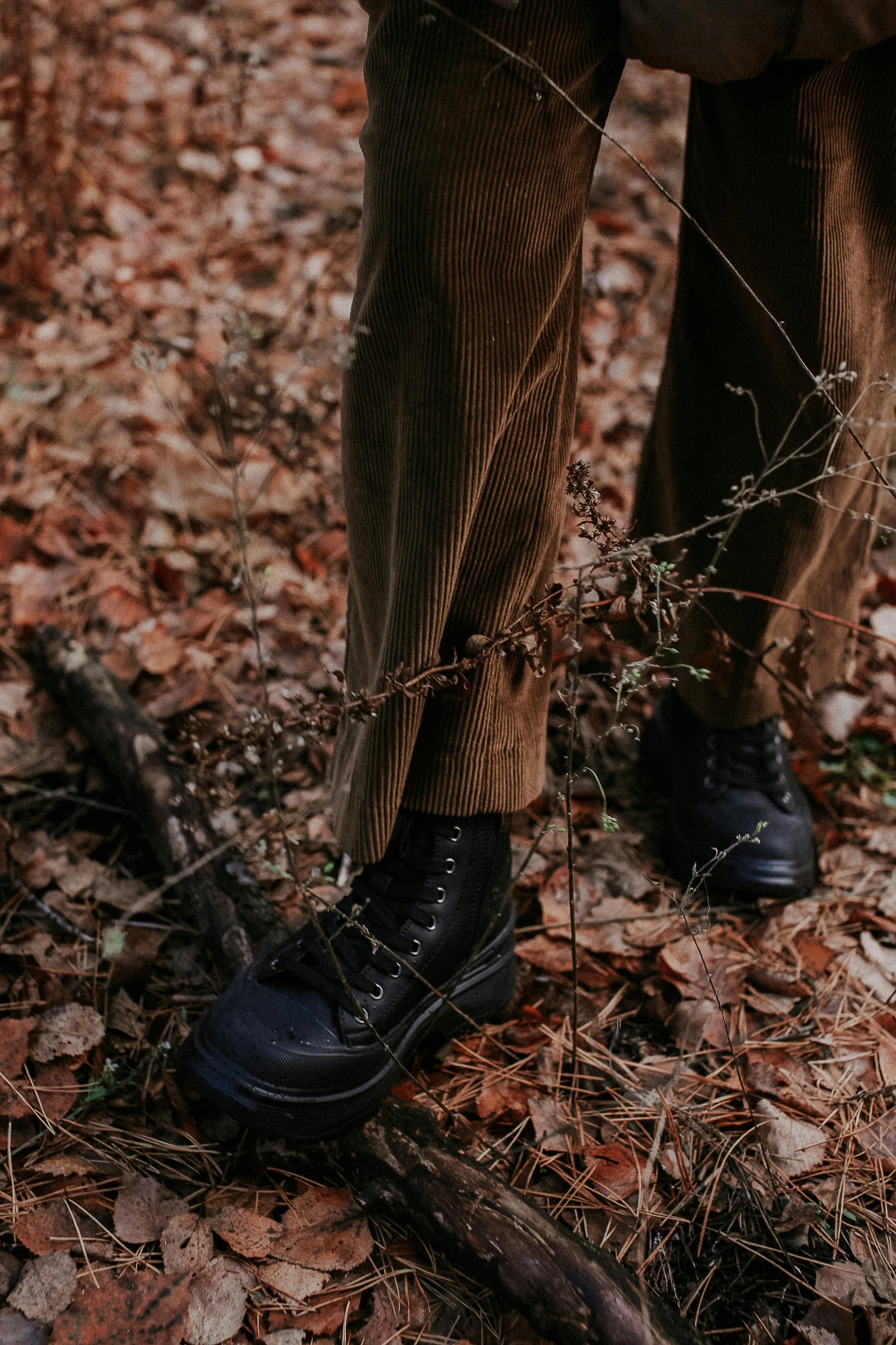 an outfit is tied to some plants by someone standing with his feet on a stick