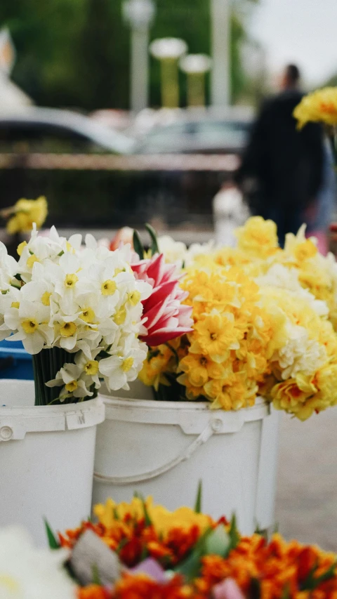 white buckets filled with bright colored flowers outside