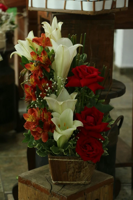 red and white flowers sit in a square container