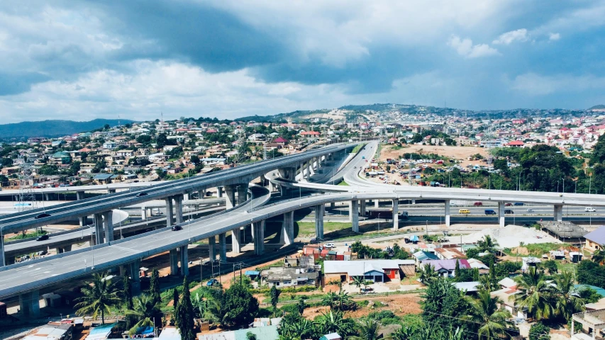 an aerial view of a city underpass and highway