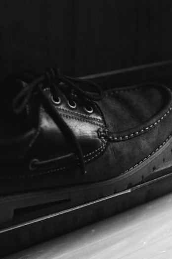 a pair of black shoes are seen in this black and white po