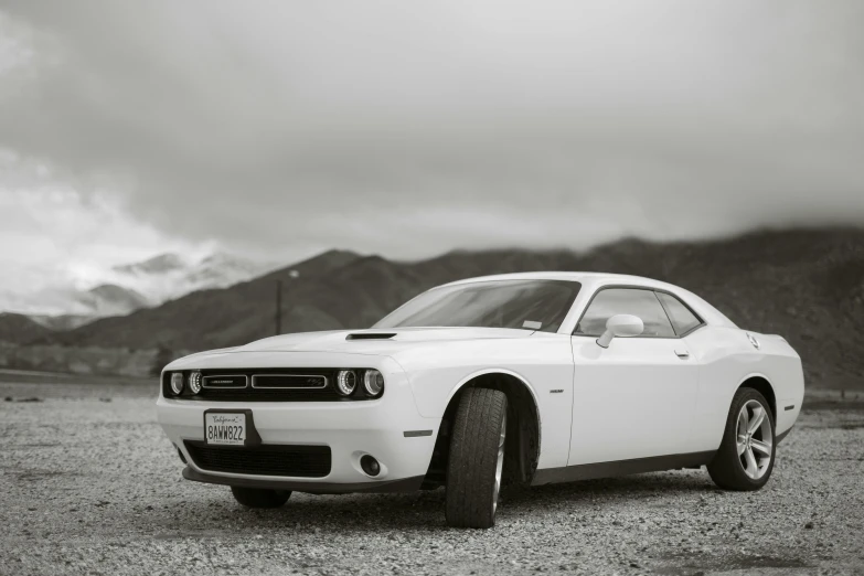 the black and white car is in the middle of a field