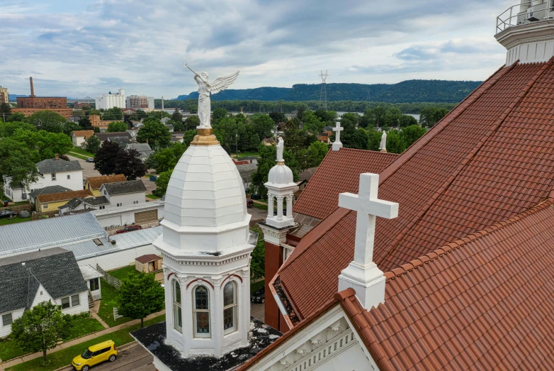 a church with a crosses is in a rural area