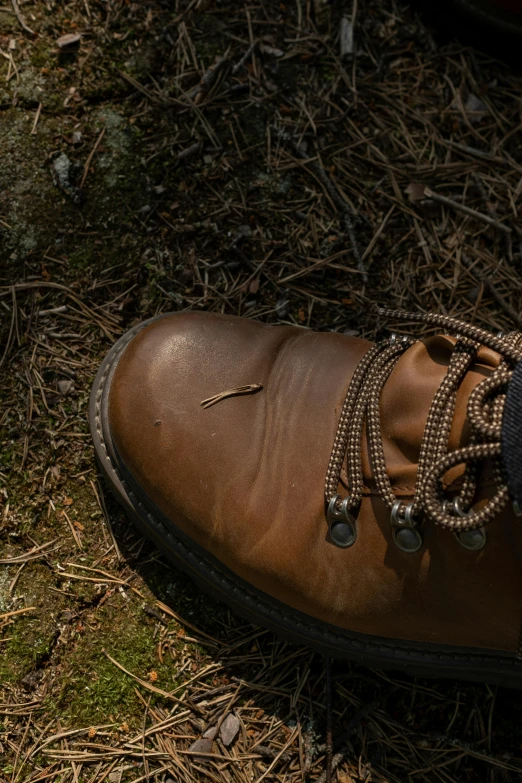 the feet of a person wearing brown boots with green grass