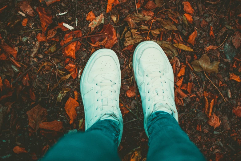 a person in tennis shoes with a leaf covered ground