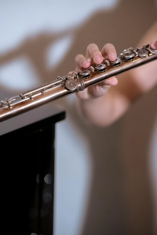 a person holding up a silver flute with their hands