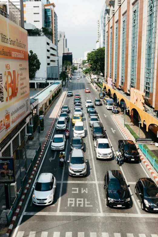 many cars are going down the crowded street