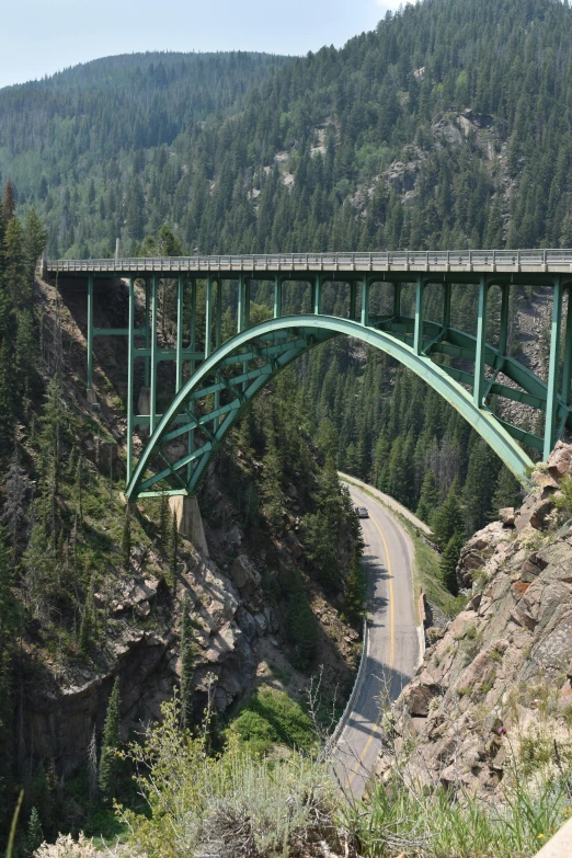 an overhead view of a road and bridge over a canyon