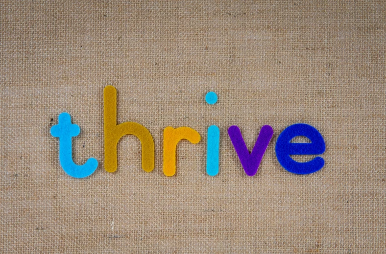 thrive cutout shapes of colorful wood and the word thrive is placed upon jumbled fabric