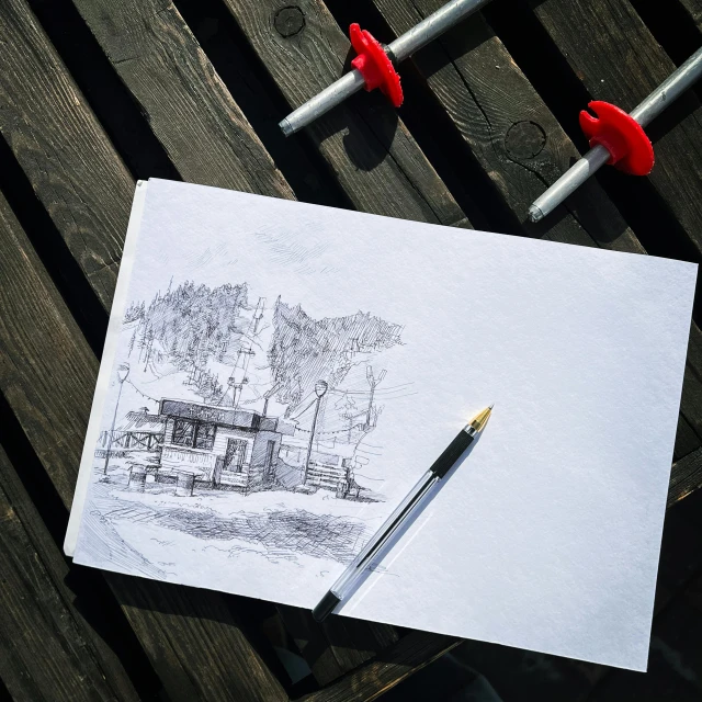 pencil drawing a tree and some red stop valves
