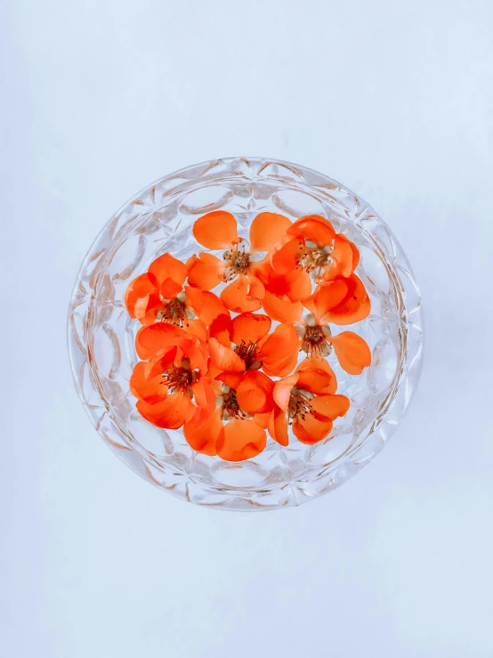 a glass plate filled with flowers on top of a white table