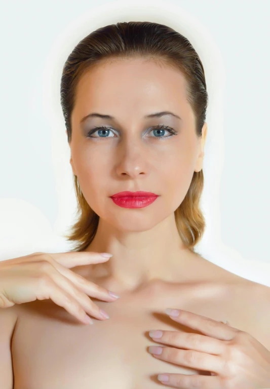 a women with pink lipstick is posing for a picture